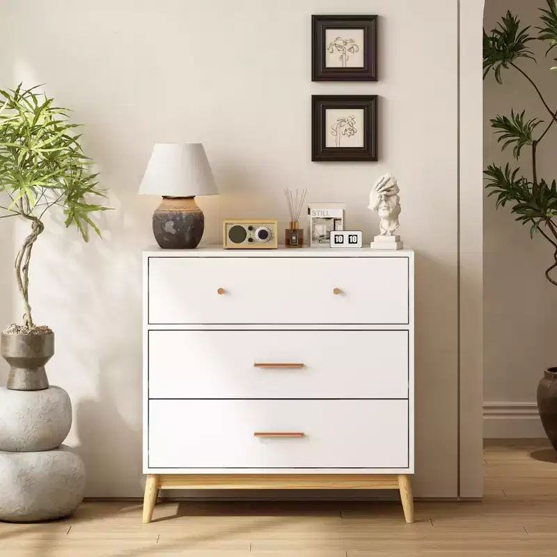 Nordic Style 3-Drawer Storage Cabinet, Modern White Chest with Rose Gold Handles and Solid Wood Base for Office, Kids Room or Nursery