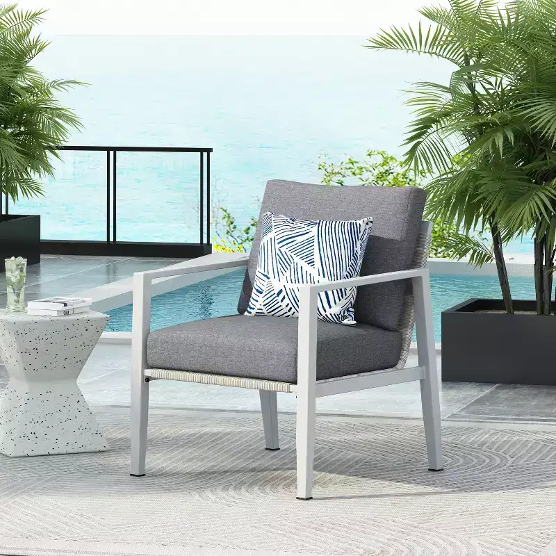 Silver Aluminum Lounge Chair with Rope Accents, Comfortable Cushions, Powder-Coated Frame for Outdoor or Indoor