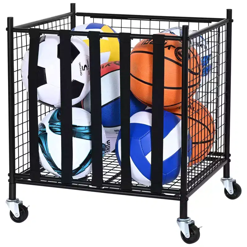 Rolling Sports Ball Storage Cart with Locking Wheels Steel Organizer for Gym Garage School