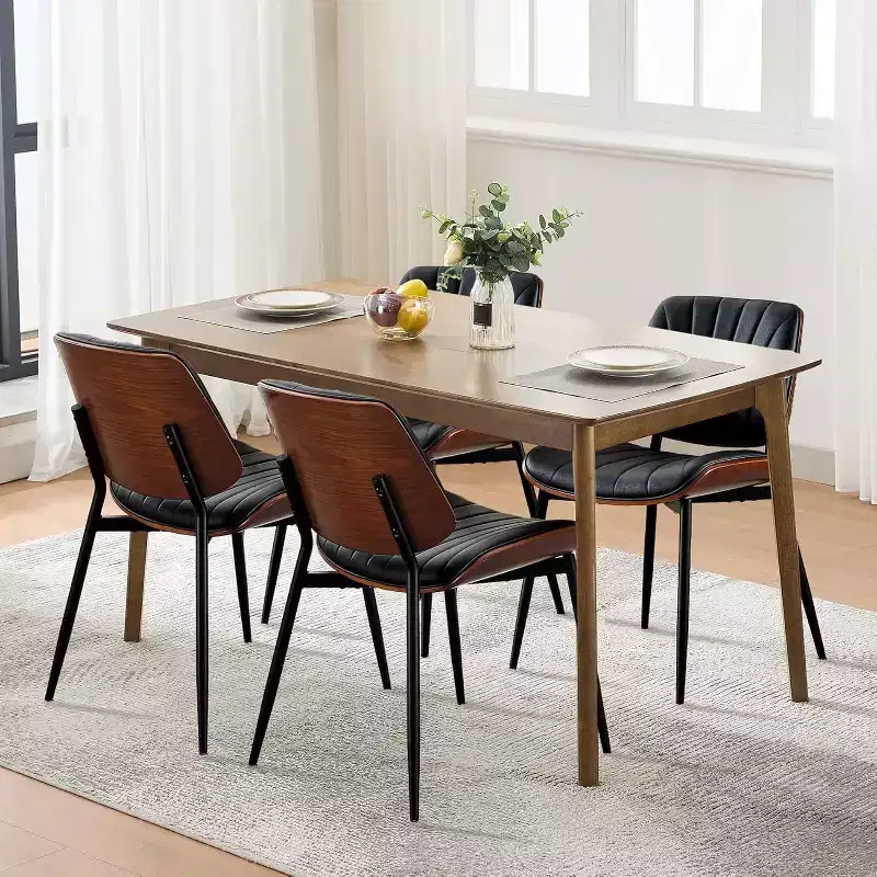 Mid Century Modern Dining Chairs, Upholstered Leather Walnut Bentwood Metal Adjustable for Kitchen Dining Room