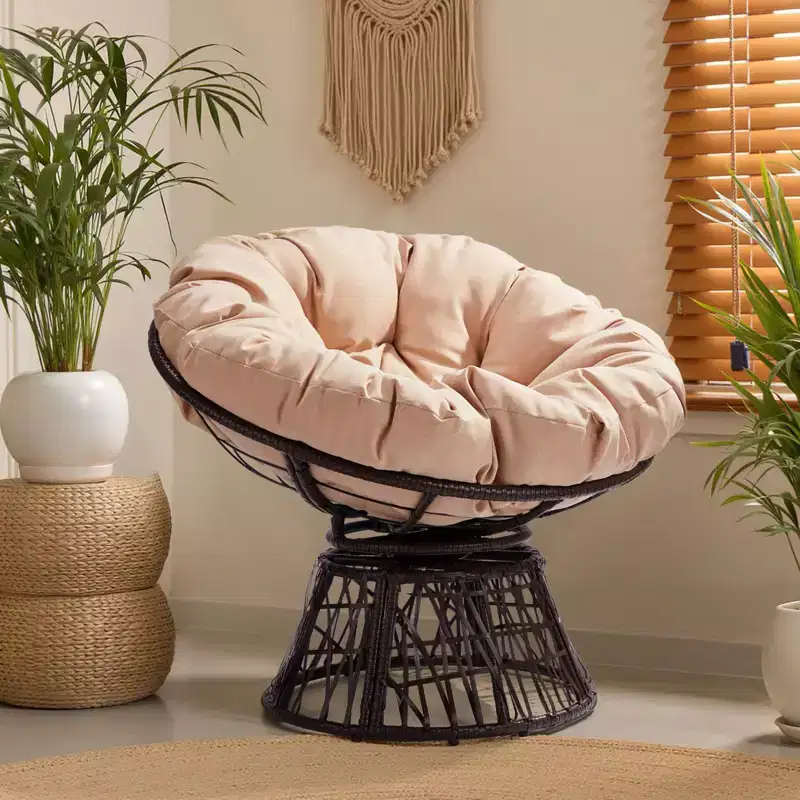 Karl Home | Brown Wicker Swivel Accent Chair With Beige Cushion