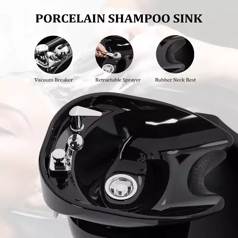Electric Shampoo Bowl and Chair Backwash Unit with Reclining Legrest and Tilting Porcelain Shampoo Sink