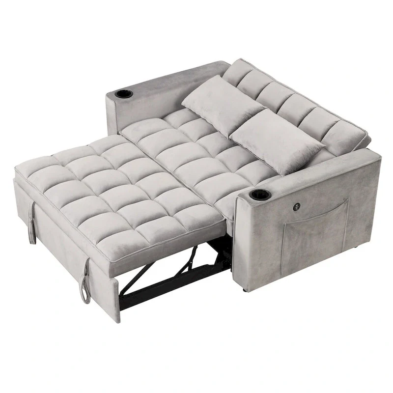 Velvet Convertible Sofa Bed with Cup Holder and USB Port