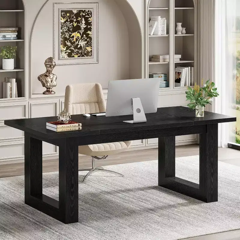 Lantine 63-Inch Executive Computer Desk, Industrial Writing Table with Solid Wooden Base for Home Office