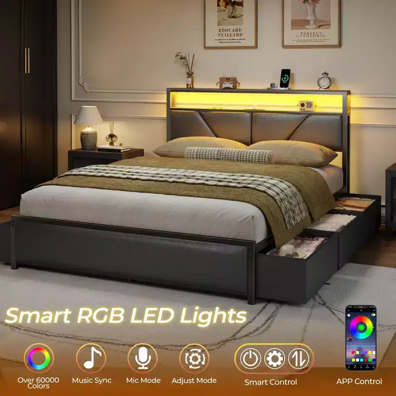 Qwatto Full Size Storage Bed Frame with 6 Drawers Charging Station LED Lights PU Leather Upholstered Headboard Platform Metal No Box Spring Needed