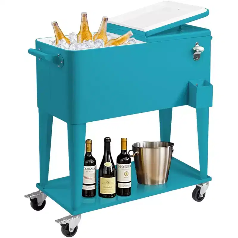 NAYSAYE 80 Quart Rolling Ice Chest Portable Bar Drink Cooler with Catch Basin, Bottom Storage Tray for Patio Party BBQ Beach, Blue, 34.3*15.2*35.8