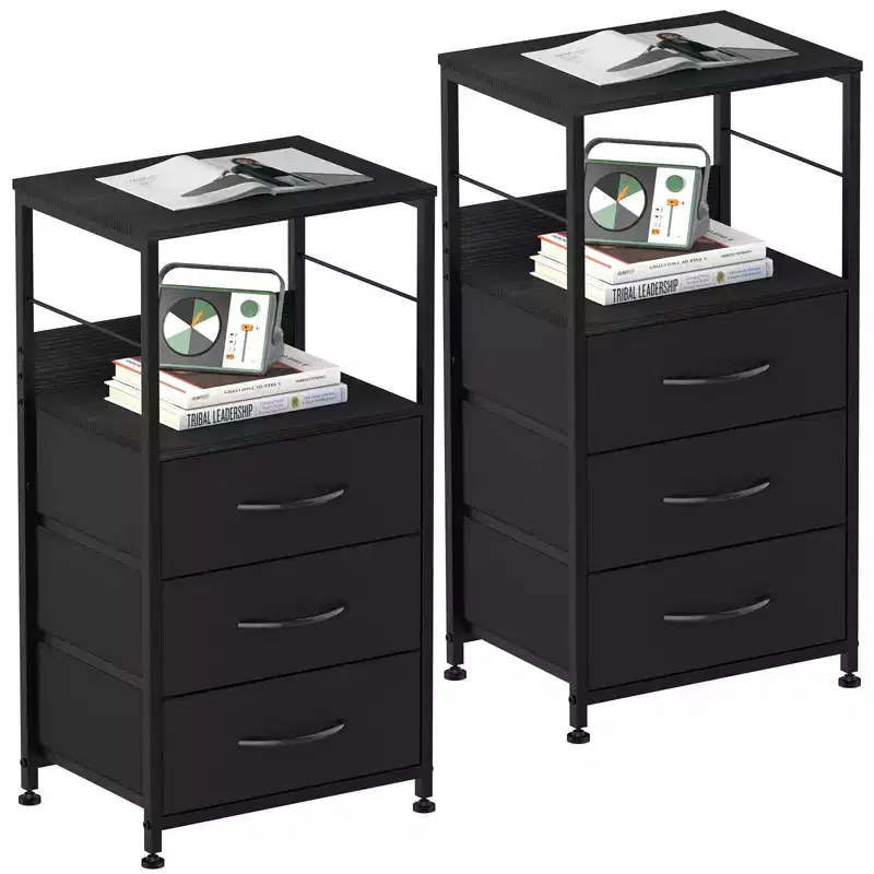 Oumilen Nightstand for Bedroom End Side Table with 3 Drawers and Open Shelf Wood, Black Set of 2