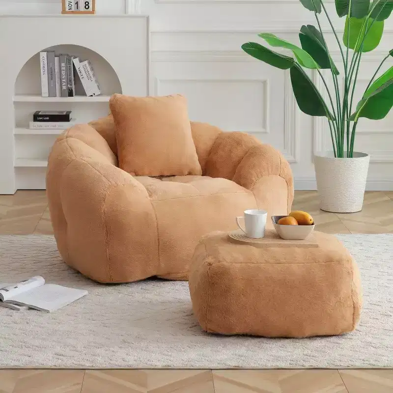 Okak Shell Shaped Bean Bag Chair with Ottoman,Faux Fur Lounger Beanbag Chair & Footstool Set,Oversized Floor Sofa for Adults,Khaki