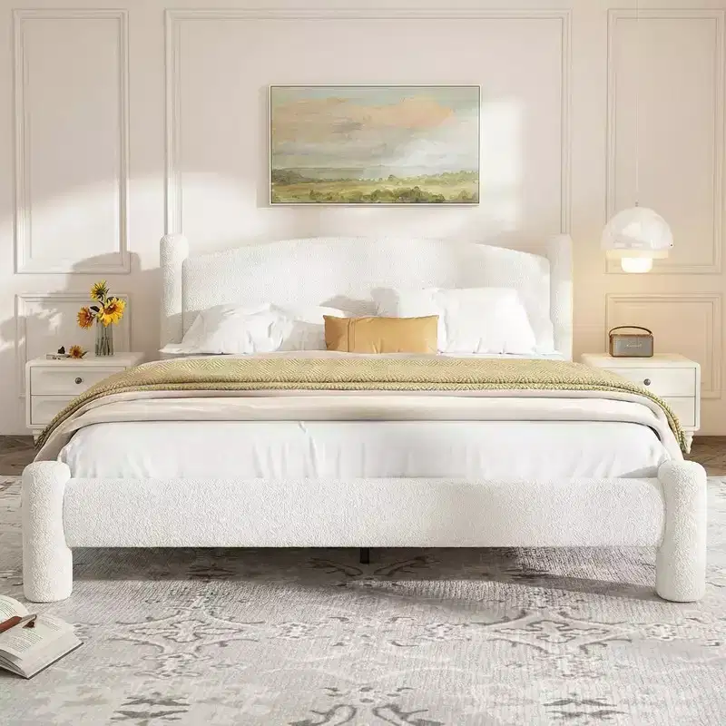 Coolmee King Size Boucle Upholstered Platform Cloud Bed Frame Soft Round Headboard Cylindrical Legs Heavy Duty Noise Free Design