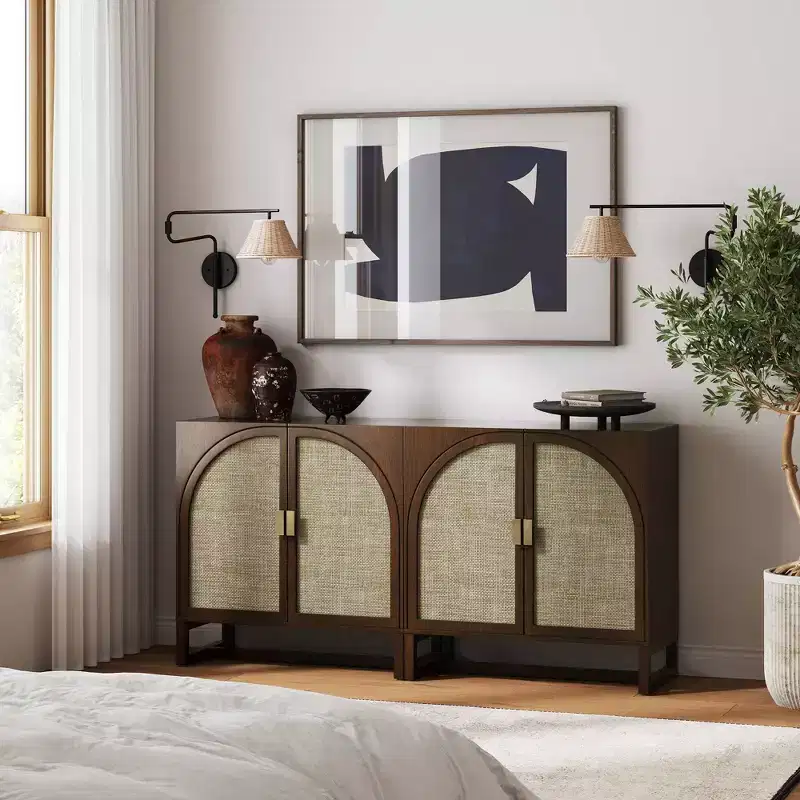 Dark brown entryway cabinet with doors