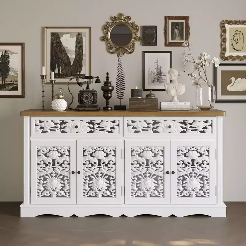 White Decorative Sideboard with Hollow Relief Patterned Doors, 2 Drawers & 4 Doors, 62.8