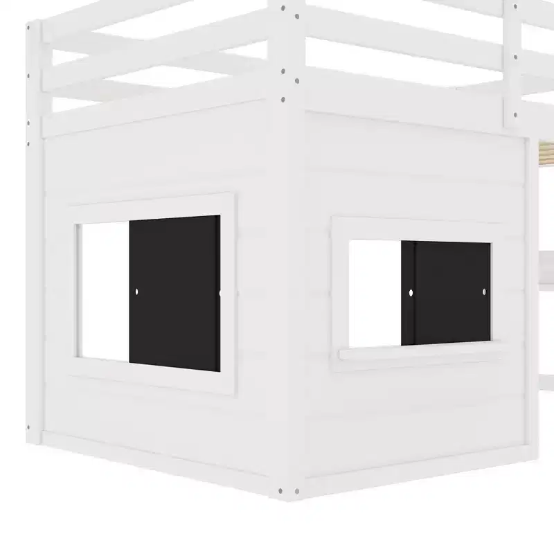 Kids Loft House Bed with Chalkboard | Twin/Full Wood Bed Frame with Play Space & Built-in Bookshelf | Cabin-Style Bunk for Boys & Girls