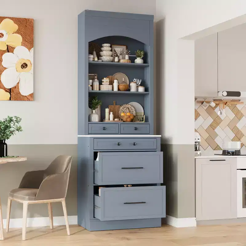 83.7H Kitchen Pantry, Freestanding Kitchen Hutch with Faux Marble Top, Cupboard Cabinet with 5 Drawers and Adjustable Shelf