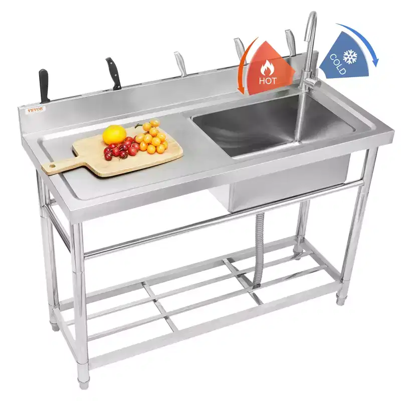 Stainless Steel Utility Sink, Free Standing Single Bowl with Workbench, 39.4x19.1x37.4