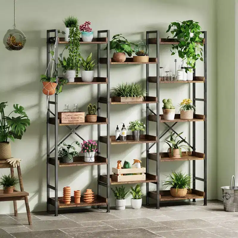 Bookshelf, Bookcase  Triple 5-Tier Industrial Bookcase with 14 Open Shelves Sturdy Metal Frame Rustic Brown Storage Rack