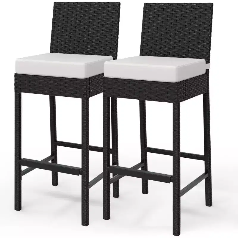 Set of 2 Outdoor Wicker Barstools with Cushions, Patio Rattan Bar Height Stools Armless for Backyard, Poolside, Balcony & Garden High Table Seating
