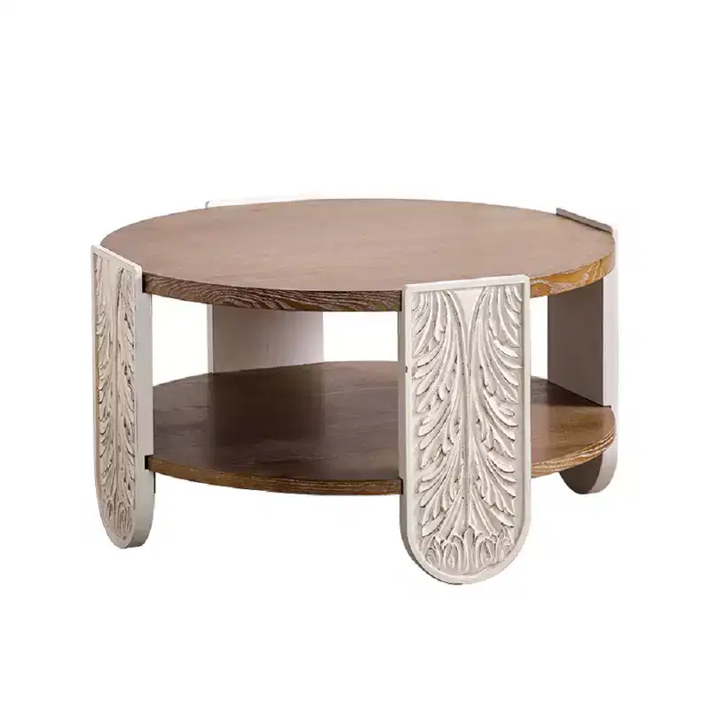 CLIHOME Carved Wooden Coffee Table, Retro End Table with Double-Layer Storage, Palace Style Bedside Table for Small Spaces