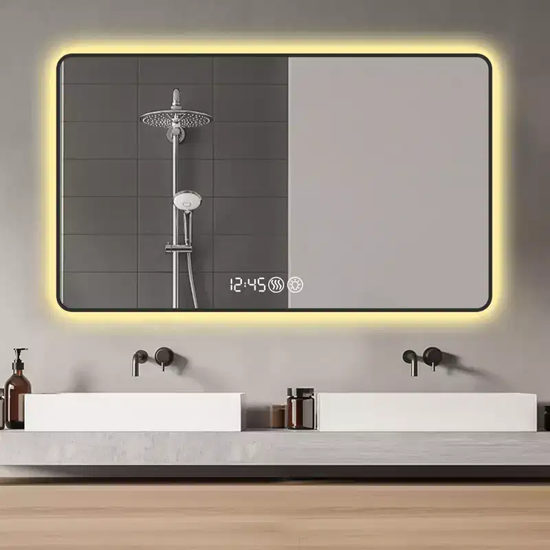 29 x 39 Black Aluminum Alloy Frame Bathroom Vanity Mirrors with Rounded Corners Vanity Mirror Tri Color Light Defogging