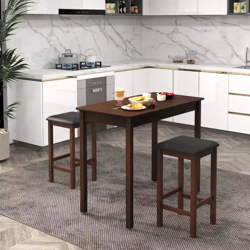 Costway 3 PCS Bar Table Set Dining Table & 2 PVC Leather Upholstered Bar Stools Rustic Brown/White