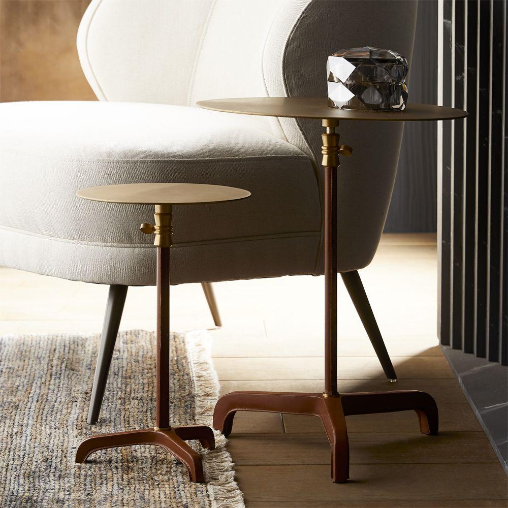 Luxury Leather & Brass Metal Accent Table with Round Top & Exposed Stitching Detail for Living Room