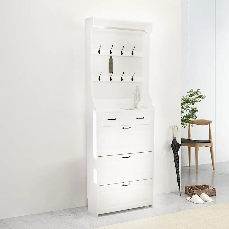 Tall Shoe Storage Cabinet with Drawers and Hooks