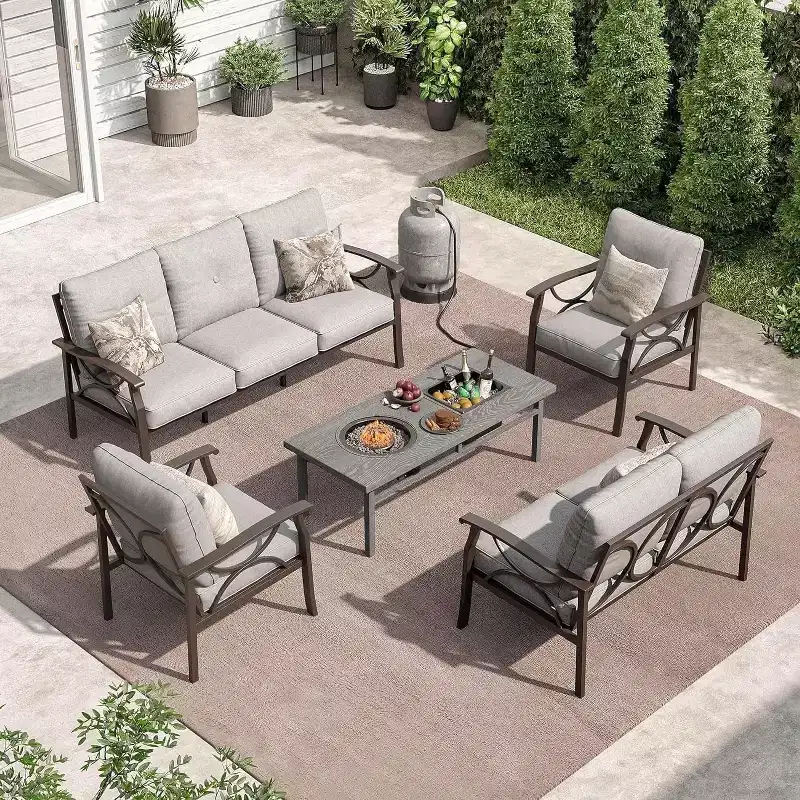 HeynemoOutdoor Patio Furniture Set, 5 Piece Patio Conversation Set with Fire Table and Ottomans, Metal Furniture Set for Porch Backyard Garden