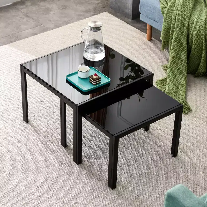Okak Modern Square/Rectangle Stacking Coffee Table Nesting Coffee Table Set of 2 with Tempered Glass Finish for Living Room/Office, Space-Saving