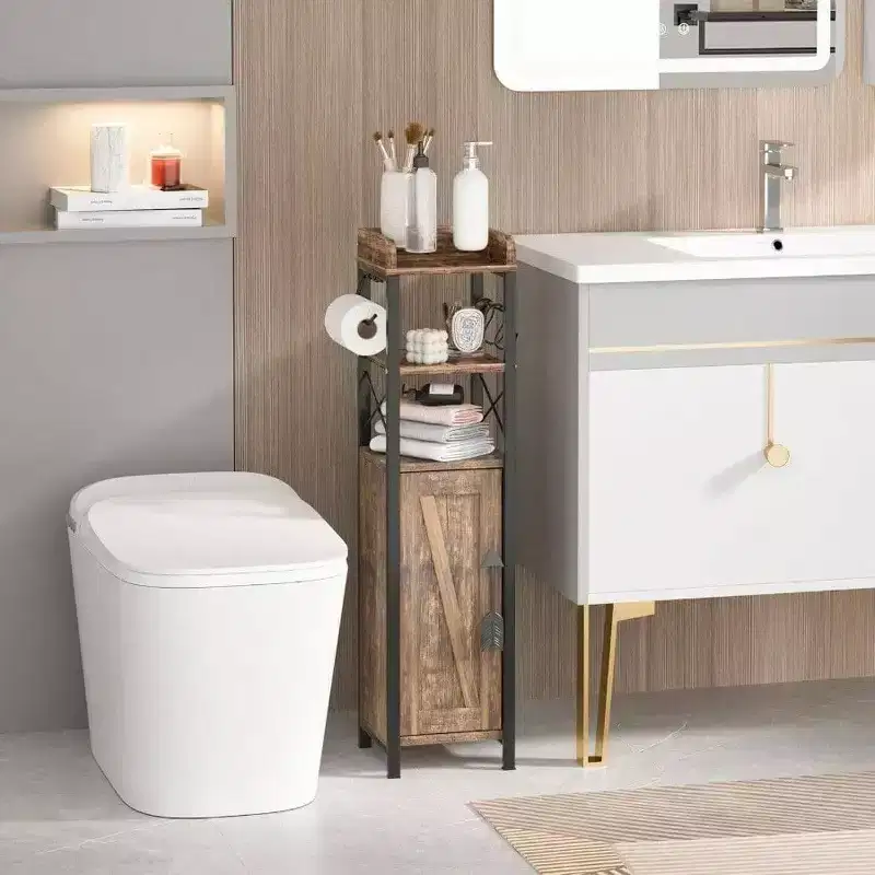 Slim Toilet Paper Holder Small Cabinet with Door 2 Shelves Fenced Top Bathroom Narrow Storage Organizer Rustic Brown