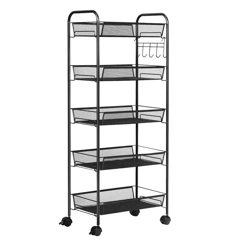 5-Tier Rolling Storage Rack Trolley Cart with Mesh Baskets, Black