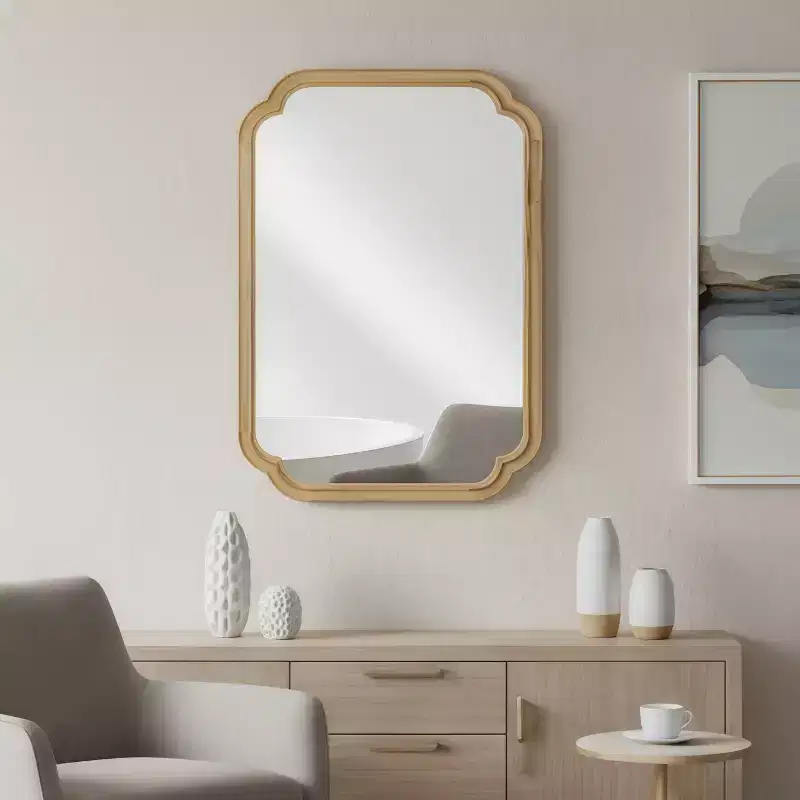 Okak Modern Rounded Corner Decorative Wall Mirror for Entryway,Bathroom,Solid Wood Home Decor Vanity Mirror for Bedroom