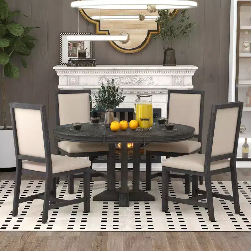 Farmhouse 5 Piece Kitchen Dining Set for 4, Solid Wood Extendable Round Dining Table Set and 4 Upholstered Chairs for Kitchen