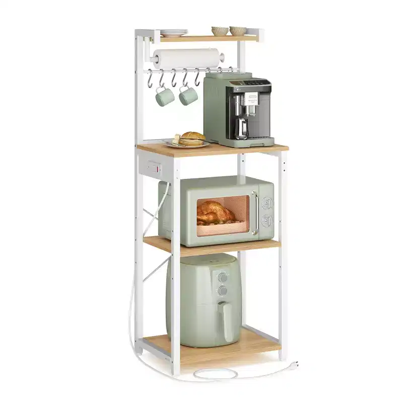 VASAGLE Kitchen Bakers Rack with Power Outlet, Coffee Bar 4-Tier with 8 S Hooks, Microwave Stand, Adjustable Shelf