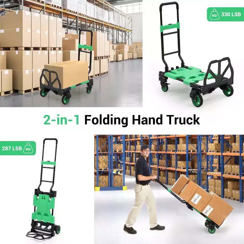 COZONY 2-in-1 Folding Hand Truck Dolly w/ Collapsible Basket, Retractable Handle, 330lb Capacity Portable Flatbed Cart for Shopping, Luggage Transport