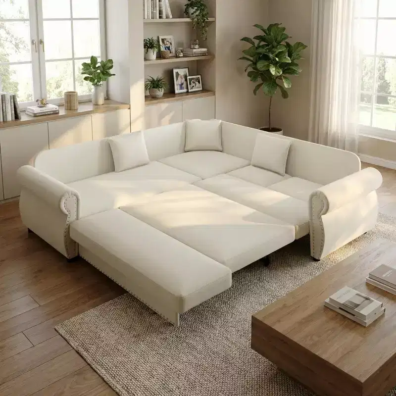 Homy Casa 88 L-Shaped Sleeper Sofa with Pull-Out Bed, Chenille Upholstery, 5-Seat, Beige