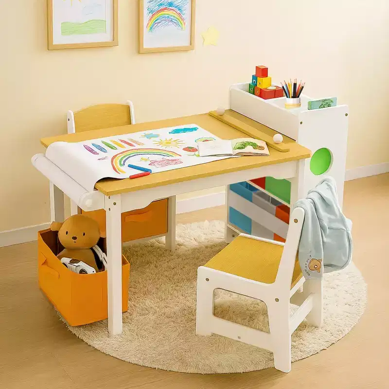 Kinder King 3-in-1 Kids Table & 2 Chairs Set with Storage, Removable Top & Blackboard, for Art, Crafts, Reading