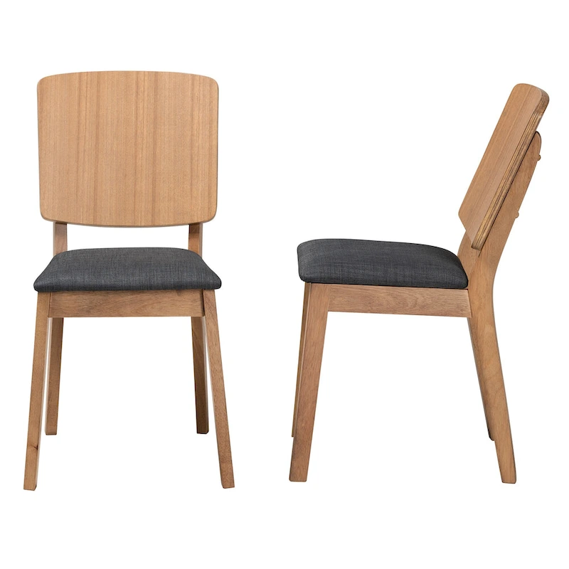 Denmark Mid-Century Modern Black Fabric and French Oak Brown Finished Rubberwood 2-Piece Dining Chair Set