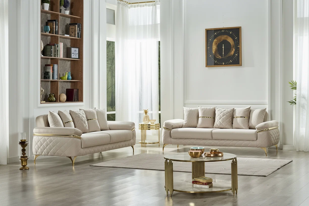 Beige Classic 2-Piece Sofa & Loveseat Set, Seats 4