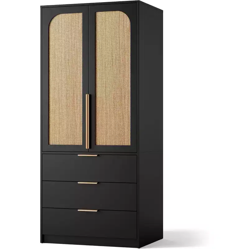 2-Door Wardrobe Cabinet with 3 Drawers & Hanging Rod