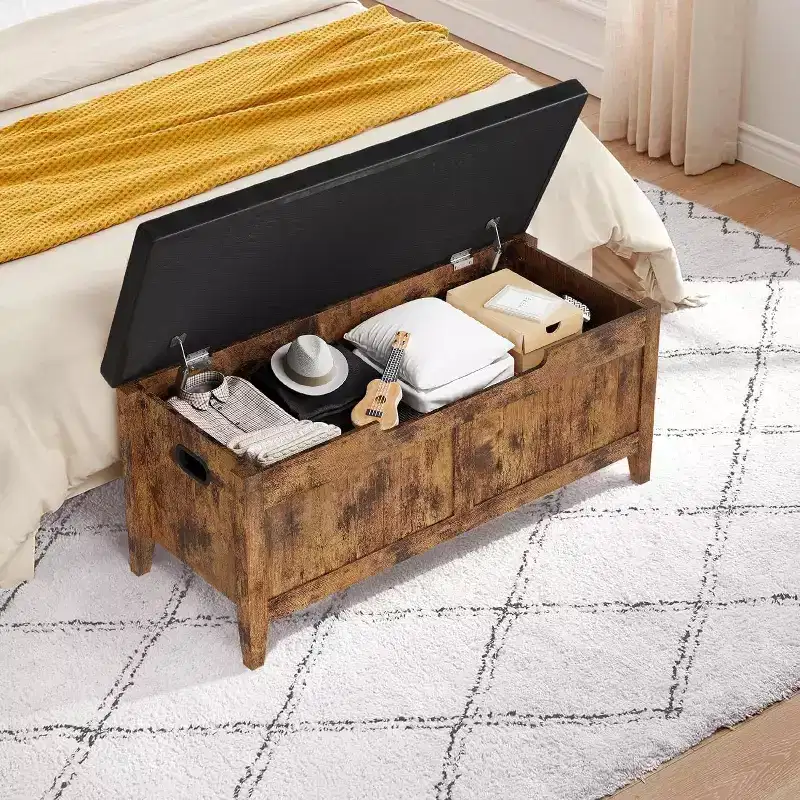 39.4in Storage Bench with Padded Seat, Wooden Chest Storage Box with 2 Safety Hinges for Entryway Living Room, Bedroom, Easy Assembly