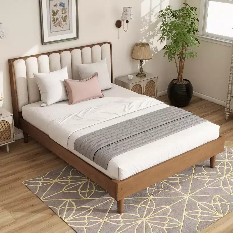 Queen Upholstered Platform Bed with Piano Key Headboard and Solid Pine Frame - Wheat