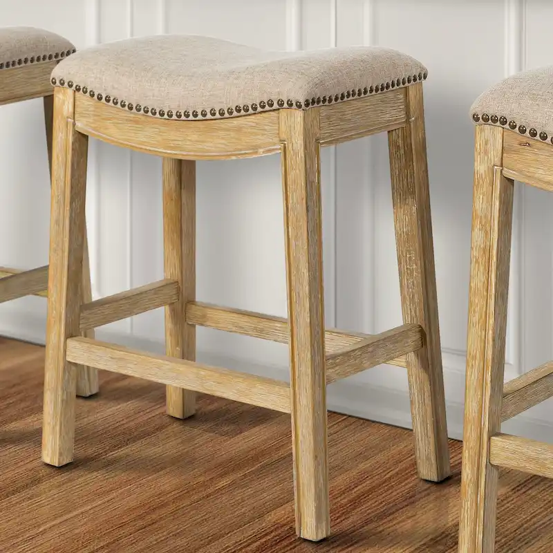 Saddle-Seat Wood Bar Stool with Upholstered Seat, Nailhead Trim