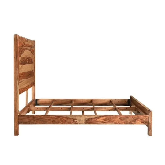King Solid Sheesham Wood Bed Frame with Live Edge Panel Headboard and Footboard – Brown, 2-Person Use