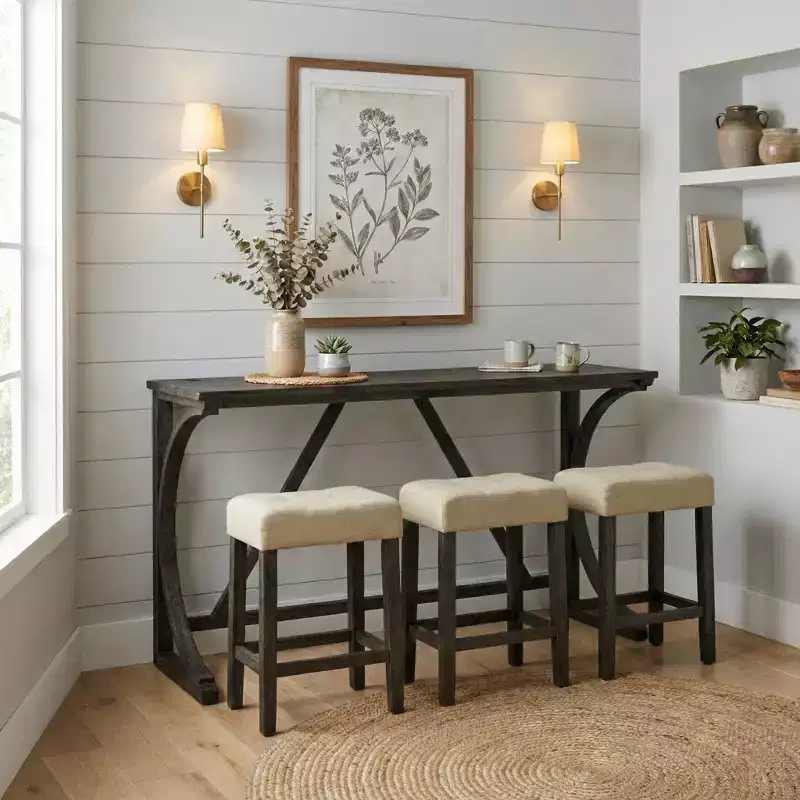 GDFStudio Carter Transitional Wood 3-Piece Counter Height Dining Set with USB Charging Table and Biscuit-Tufted Upholstered Stools