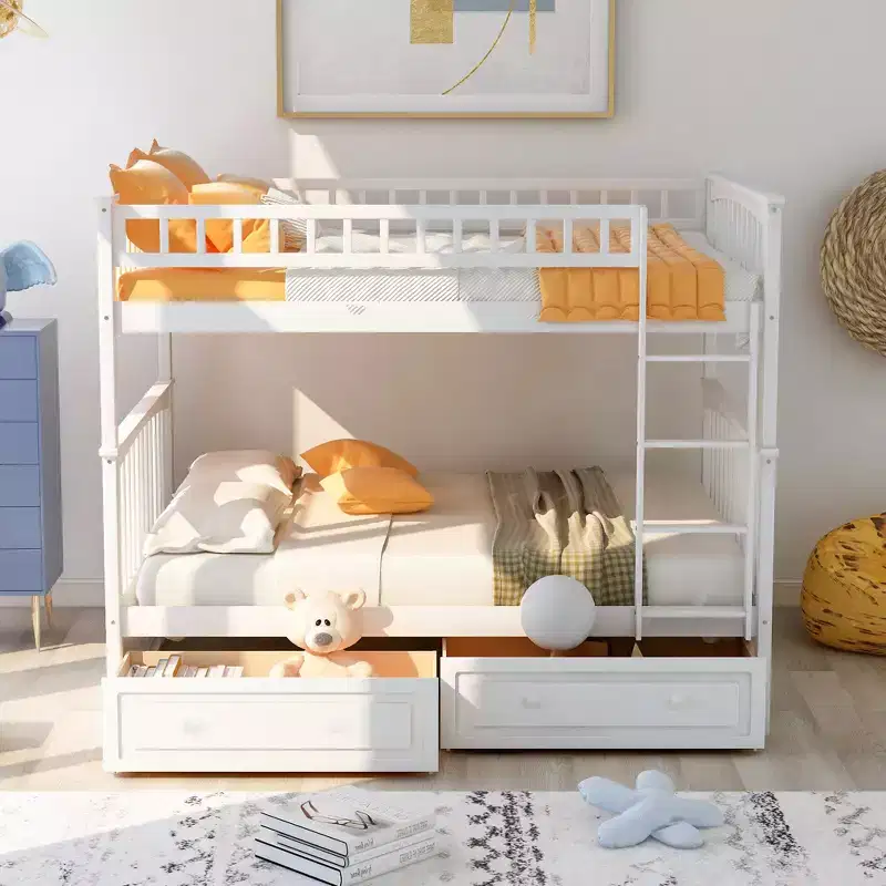 Full Size Wood Bunk Bed with Drawers & Guardrail, Natural Brown, 1-2 Person