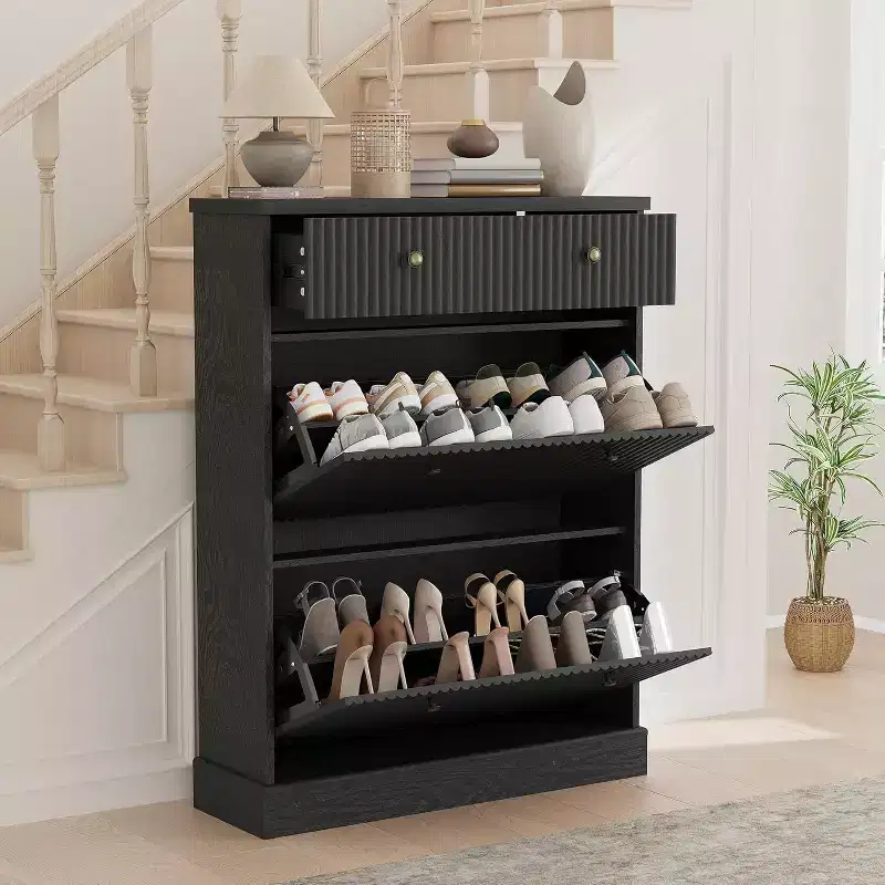 Acekool 42 Fluted Shoe Cabinet, Black Tall Narrow Shoe Organizer with 2 Flip Drawers & Top Drawer for Entryway