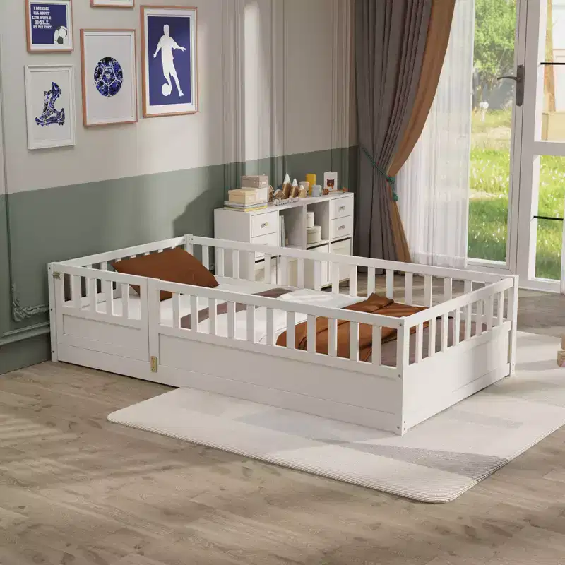 Okak Twin Size Floor Beds for Kids,Wooden Toddler Bed with Fence&Door,Children's Floor Bed for Girls,Boys,Pine Wood,White