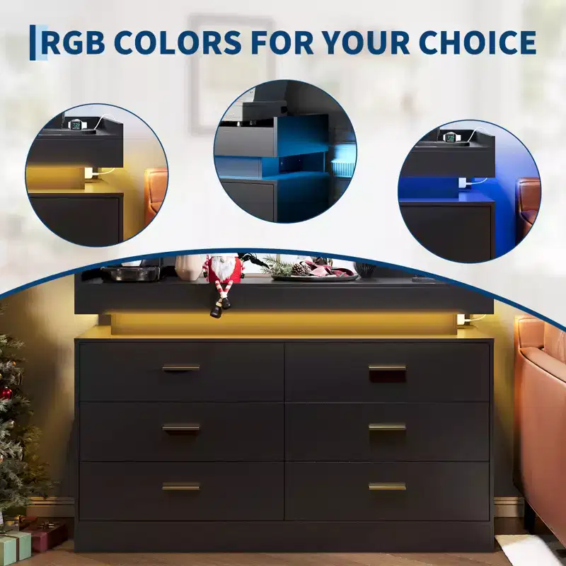 6 Drawer Dresser, Chest of Drawers for Closet with Floating LED Lights & Charging Station, Drawer Cabinet for Bedroom, Living Room, 47.24w