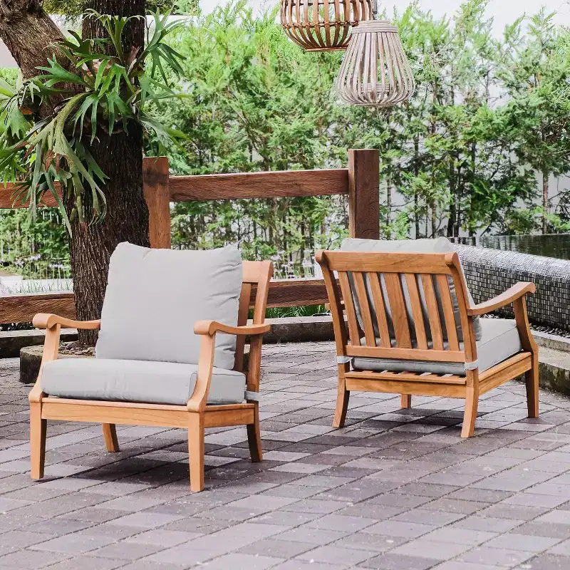Sonoma Lane Forney 2pc Teak Wood Outdoor Lounge Chairs with Oyster Cushions - Weather-Resistant, Zippered Cushions