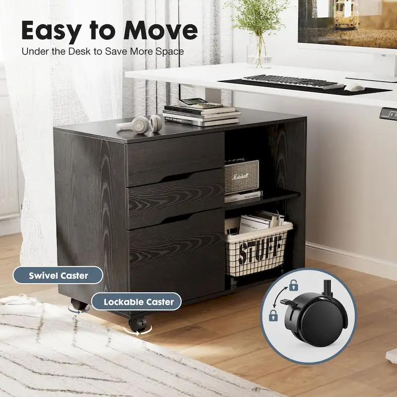 Mobile Lateral File Cabinet & Printer Stand with 3 Drawers and 2 Open Shelves