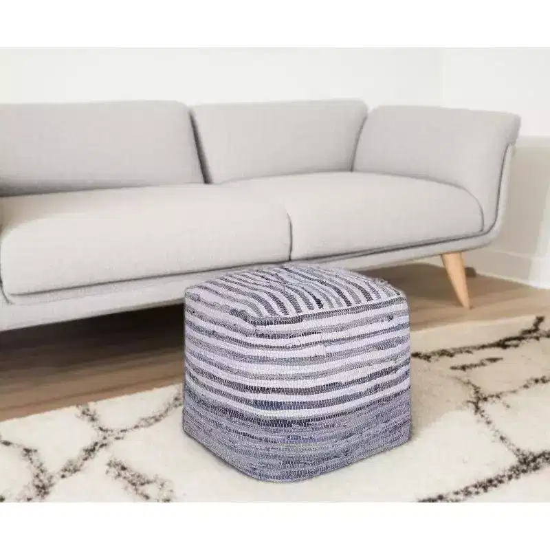 18 Blue Cotton Cube Striped Pouf Ottoman